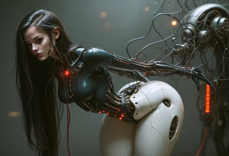 high quality, best quality, ultra-detailed, very aesthetic, source_realistic, 1girl, solo, Long black hair, swept bangs, curtained hair, dark brown eyes, dark makeup, cat eyeliner, red lipstick, beautiful lips, red long nails, very pale skin, curvy, medium breasts, thick thighs, round ass, dynamic pose, pinup pose, dim light, (sci-fi, perfect anatomy, android girl, erotic pose, reelmech, mechanical parts, cable, wires, machinery, joints, mecha, (medium breasts), ((fat ass, thick thighs, small waist)), high-contrast setting, alien android, flowing black hair, very long hair, dark moody dramatic background, glowing red, spaceship cockpit, galaxy, space, stars, planets, bright colors contrasted against dark background, (red neon glow) from consoles and screens, bright led lights, buttons, switches, (charging), conduit, bending forward, using console, glowneon, mechanical high heels), ultra-definition, fine details, high resolution, 8K wallpaper, perfect dynamic composition, (((tighs to head focus))), raw, photo, realistic