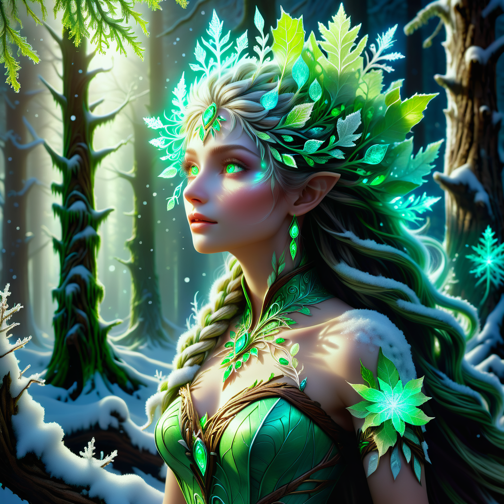 digital art, semi realistic hyper detailed masterpiece, dynamic, awesome quality,DonMSn0wM4g1cXL, snow ice magic, dryad, female nature spirit, bark like woody skin texture, leafy viney hair and attire, serene or ethereal expression, green earthy coloration, nature infused eyes, associated trees, embodiment of the forest, carries symbols of nature, benevolent, <lora:DonMSn0wM4g1cXL-000008:0.8>