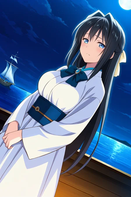 (masterpiece, best quality, game cg,highly_detailed,extremely_detailed_CG_unity_8k_wallpaper,illustration,highres,absurdres:1.2),1girl,solo,<lora:Sakuya:1> BRSakuya,black hair,long hair,hair intakes,white hair ribbon,blue eyes,white dress,long sleeves,blue bowtie,blue sash,looking at viewer,sad expression,cowboy shot,dutch angle,pirate ship,on ship,night,moonlight,sea,reflective light,from below