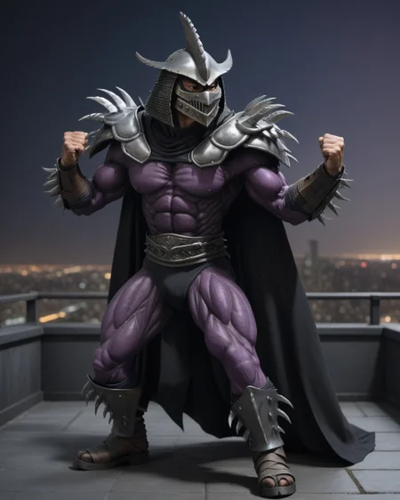 cinematic, (on a city rooftop, at night, bokeh, realistic lighting, ray tracing, bloom), ((full body shot, arms open pose, come-at-me-bro pose)), a highres RAW photo of a TMNTSuperShredder 1man armored samurai knight, wearing a dark purple outfit with serrated claw spike pauldrons and serrated claw gauntlets and serrated claw armored boots and serrated metal samurai helmet with mask, long black cape, <lora:TMNTSuperShredder_SDXL:0.5>, ((muscular, fitness physique)), atmospheric, ((photorealism, photorealistic:1.4)), 8k, highly detailed, intricate detail