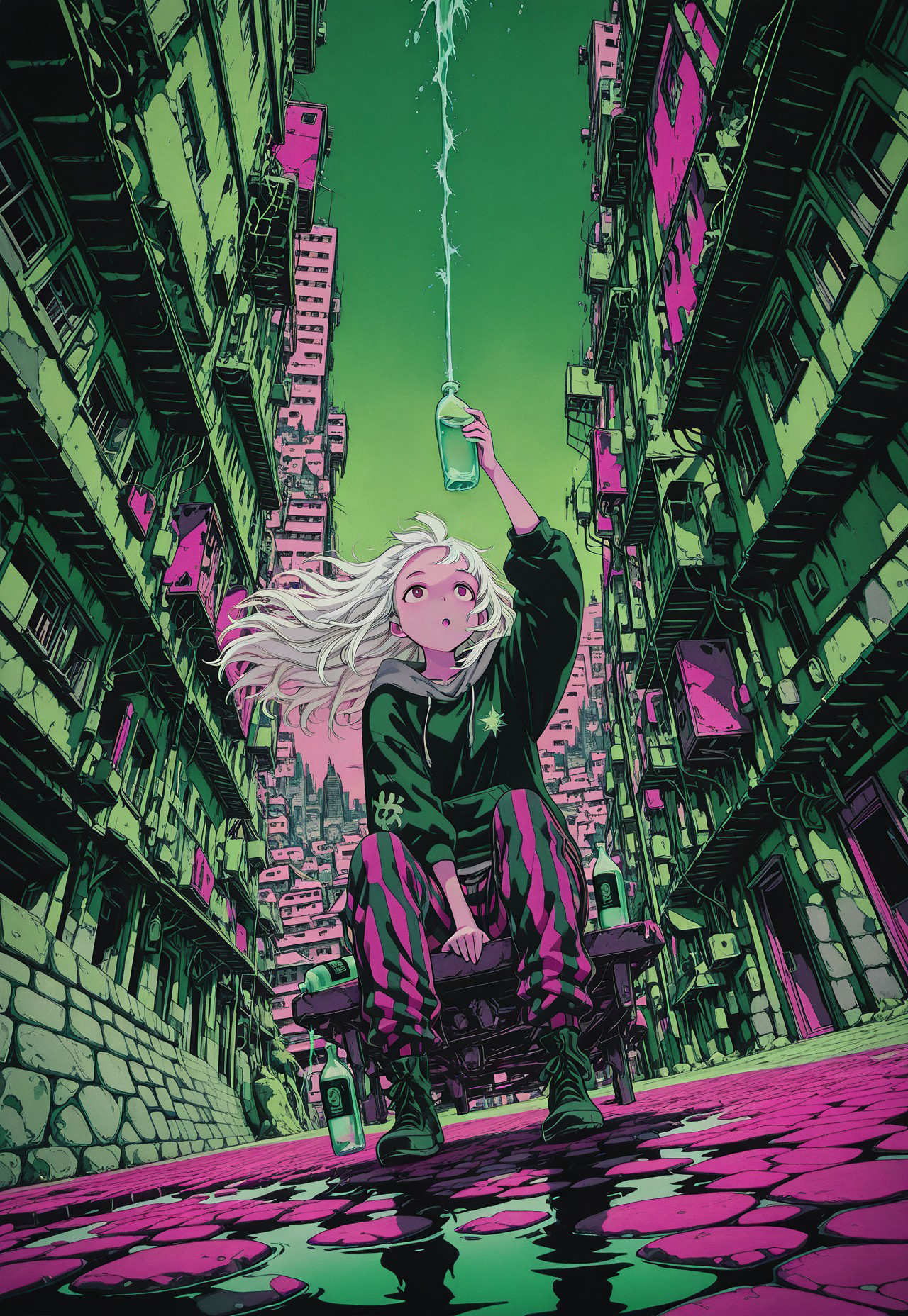 limited palette, pink, green, angle, full body, from below, solo, sitting, on ground, cobblestone, messy, loaded interior, one arm up, holding bottle, water, pouring,
looking afar, founting, curious, :o, [cityscape, apartment],
hoodie, striped pants, white hair, floating hair,
masterpiece, best quality, absurdres, [dynamic pose]