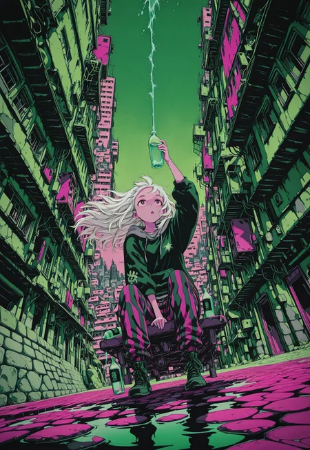 limited palette, pink, green, angle, full body, from below, solo, sitting, on ground, cobblestone, messy, loaded interior, one arm up, holding bottle, water, pouring,
looking afar, founting, curious, :o, [cityscape, apartment],
hoodie, striped pants, white hair, floating hair,
masterpiece, best quality, absurdres, [dynamic pose]