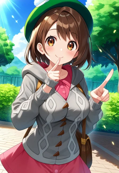 score_9, score_8, score_7_up, source_anime, (nsfw:1.0), BREAK,
cute 1girl, shiny_skin, (large breasts), skinny body, brown_hair, brown_eyes, tareme, green_headwear, hooded_cardigan, pink_dress,
angle:random,
smile, pointing own mouth,
outdoors, light particles, light rays, park, blue sky,