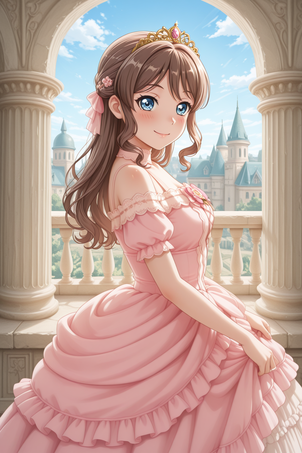 masterpiece, best quality, amazing quality, 1girl, solo, makeup, general, looking at viewer, blush, highres, cowboy shot, closed mouth, from side, standing, fantasy background, acting as a princess, princess, acting, castle, happy smile, balcony, sky, <lora:Yamabuki_Saaya_Ban_Dori:1>, Yamabuki_Saaya_Ban_Dori, blue eyes, brown hair, long hair, straight hair, hair ribbon, bow, breasts, sidelocks, wearing princess costume, princess dress with many frills, tiara on hair, <lora:cute_dresses_2:1.1>, dress, <lora:wai-2Rectified-V140:1>, <lora:illustrious_noobai_epsilon_pred_1_masterpieces_v1:1>