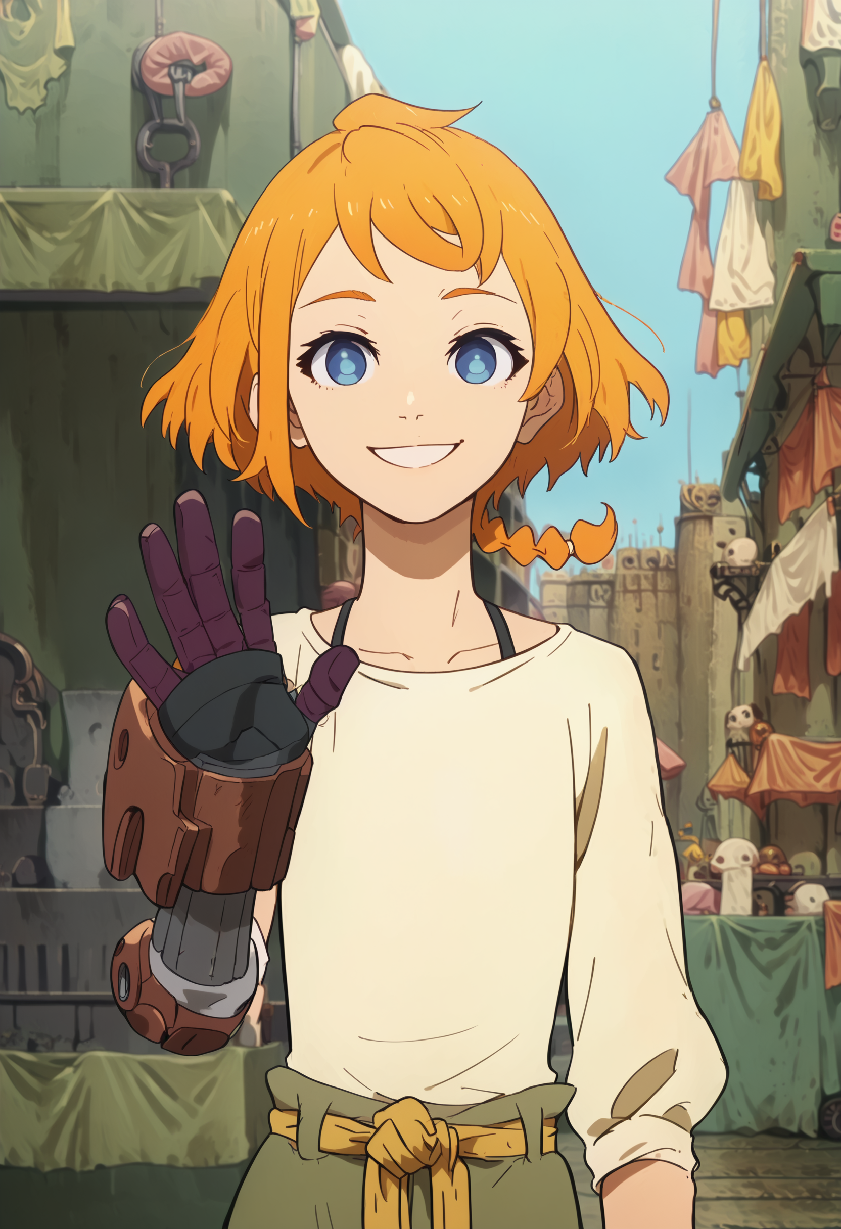 score_9, score_8_up, score_7_up, score_6_up,  1girl, solo,  waving, natsume_deca,  short hair, blue eyes, braid, orange hair, front view, smile, mechanical arms, single mechanical arm,    <lora:natsume_deca:1> depth of field, extremely detailed , detailed background, clutter, outdoors, city, market,  <lora:g0th1c2XLP:0.6> <lora:zy_Detailed_Backgrounds_v1:1>