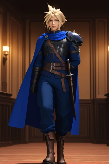 masterpiece, best quality,highres, absurdres,scenery, cinematic, intricate detail,3d,anime,1boy, solo, male focus , , ,<lora:cloud:0.86>, cloud strife,blonde hair,blue eyes,short hair,spiky hair,gloves, standing, weapon, boots, black gloves, alternate costume, pants, indoors, belt, sword, official alternate costume, holding weapon, cape, armor,brown footwear, shoulder armor, sheath, arm behind back, blue pants, blue cape, multiple belts, blue cloak,stage,