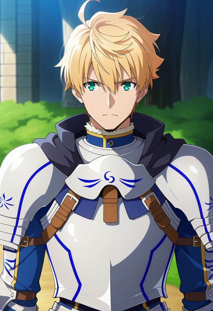 masterpiece, best quality, , anime screencap, , official style, , 1boy, solo, male focus, <lora:arthur_pendragon_fate_ilxl:0.92>, arthur_pendragon_fate, blonde hair, green eyes, short hair, ahoge, hair between eyes, bangs, armor, breastplate, gauntlets, pauldrons, shoulder armor, , , ,