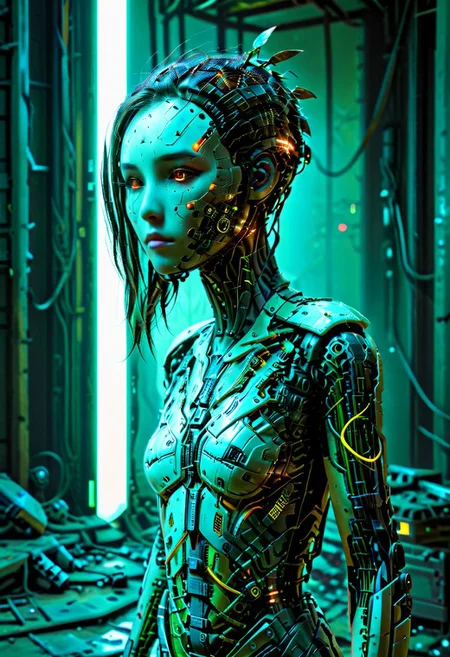A broken and discarded dead female android, aged in battery acid, spectacularly gritty and gear-laden, but still hauntingly beautiful. Resting in an abandoned workshop with mesh neon lights and rusted metal, revealing the poetry in the post-apocalyptic. 

evi@decrepPunk,  circuitboard, dark futuristic, dark fantasy, bioluminescent, glowing, SongbirdSoMi, short hair, long hair, mechanical parts, mechanical spine,  mechanical arms, mechanical hands, mechanical jaw