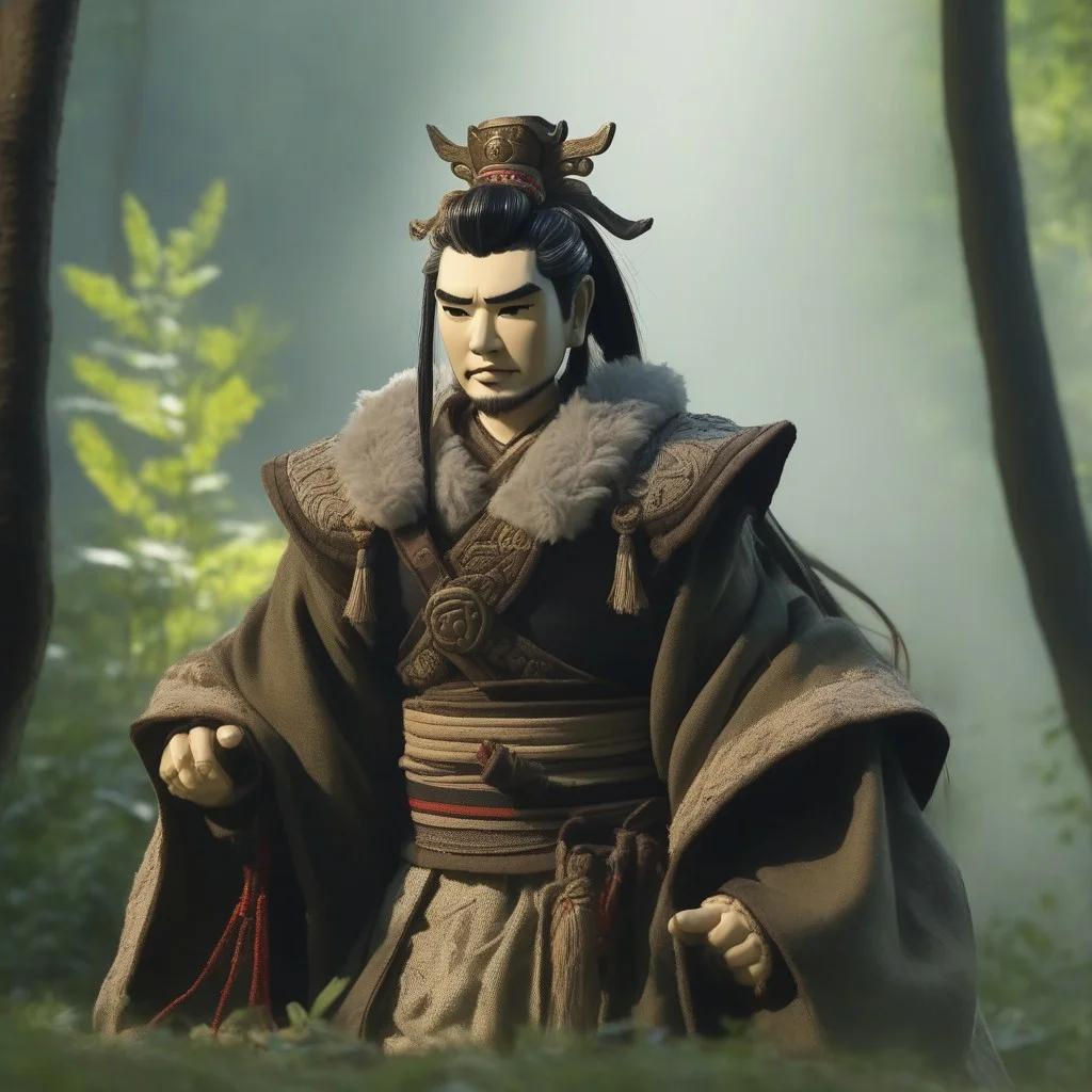 thunderboltfantasy, hIghly detailed photograph of a puppet, shang bu huan, forest glade, trees, mood serene, lighting soft, natural sunlight, perspective portrait,
