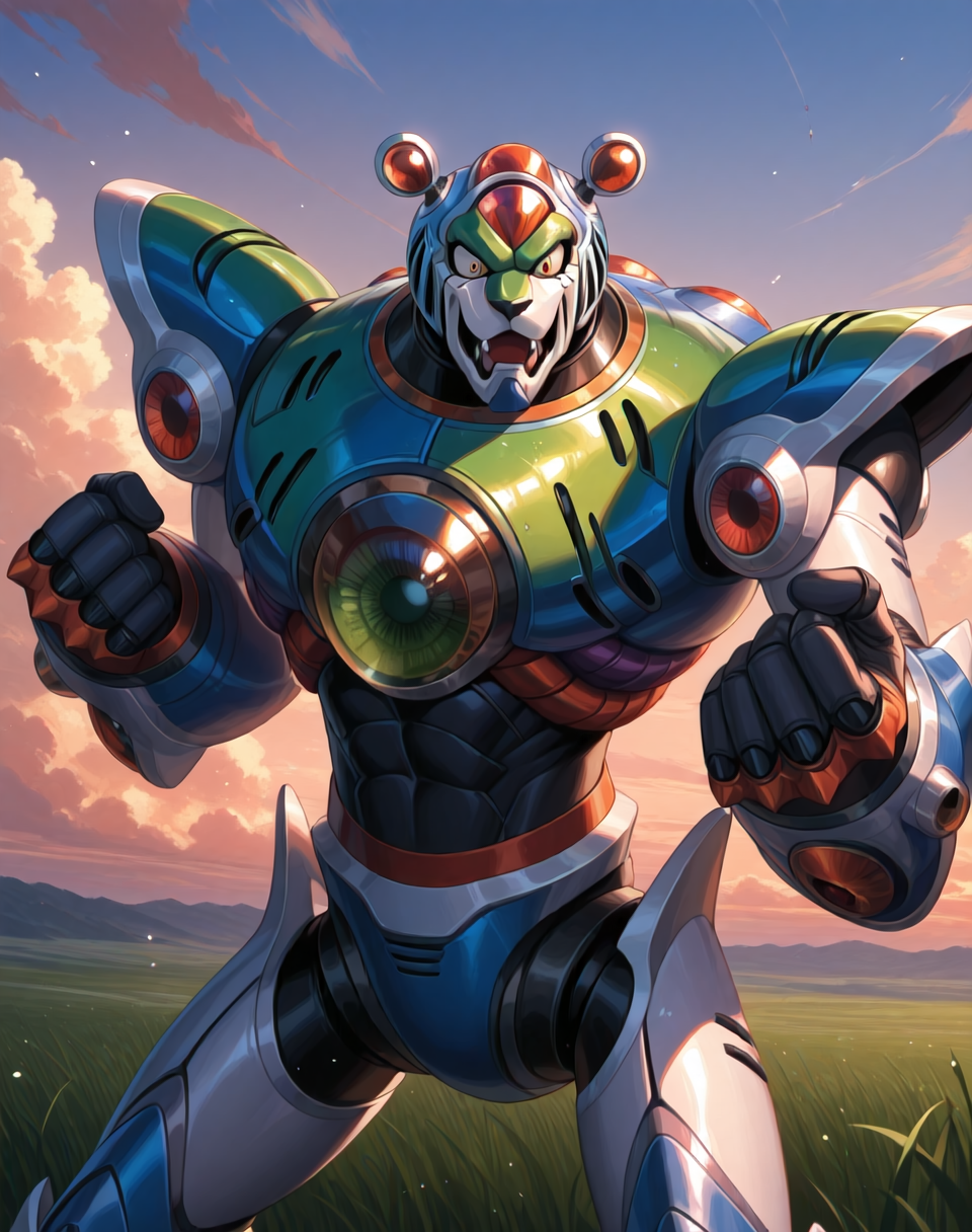 <lora:Neon_Tiger_(Mega_Man_X)_(Illustrious)_(AD):1.15> Neon Tiger, reploid, MMX, 
exterior, sky with clouds, grassy valley,
male focus, intense shadows, dynamic shadows, intricate details, attention to details, gradient coloring, bright vivid colors, robot, bent leg, glossy metal body, cowboy shot, abs, 
BREAK very awe, masterpiece, best quality, amazing quality, very aesthetic, highres, absurdres, photographic realism, 8K CGI render,
EZRealPONYXL, zPDXL, Smooth Quality, lazynsfw,