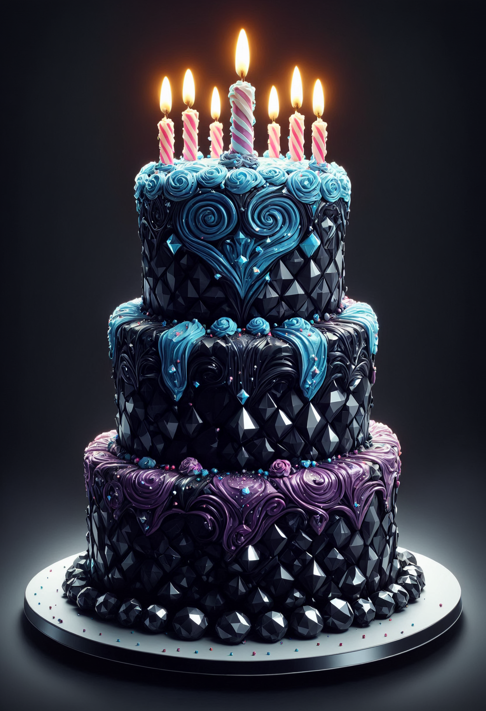 a colorful birthday cake, amazing details, highly detailed, highest quality, perfect composition, great composition, beautiful detailed, supreme quality color intricate, best, elaborate, made out of black diamonds, <lora:PinkieBlckDmndsSDXL-v1:1>, p1nkblackd1am0nds,