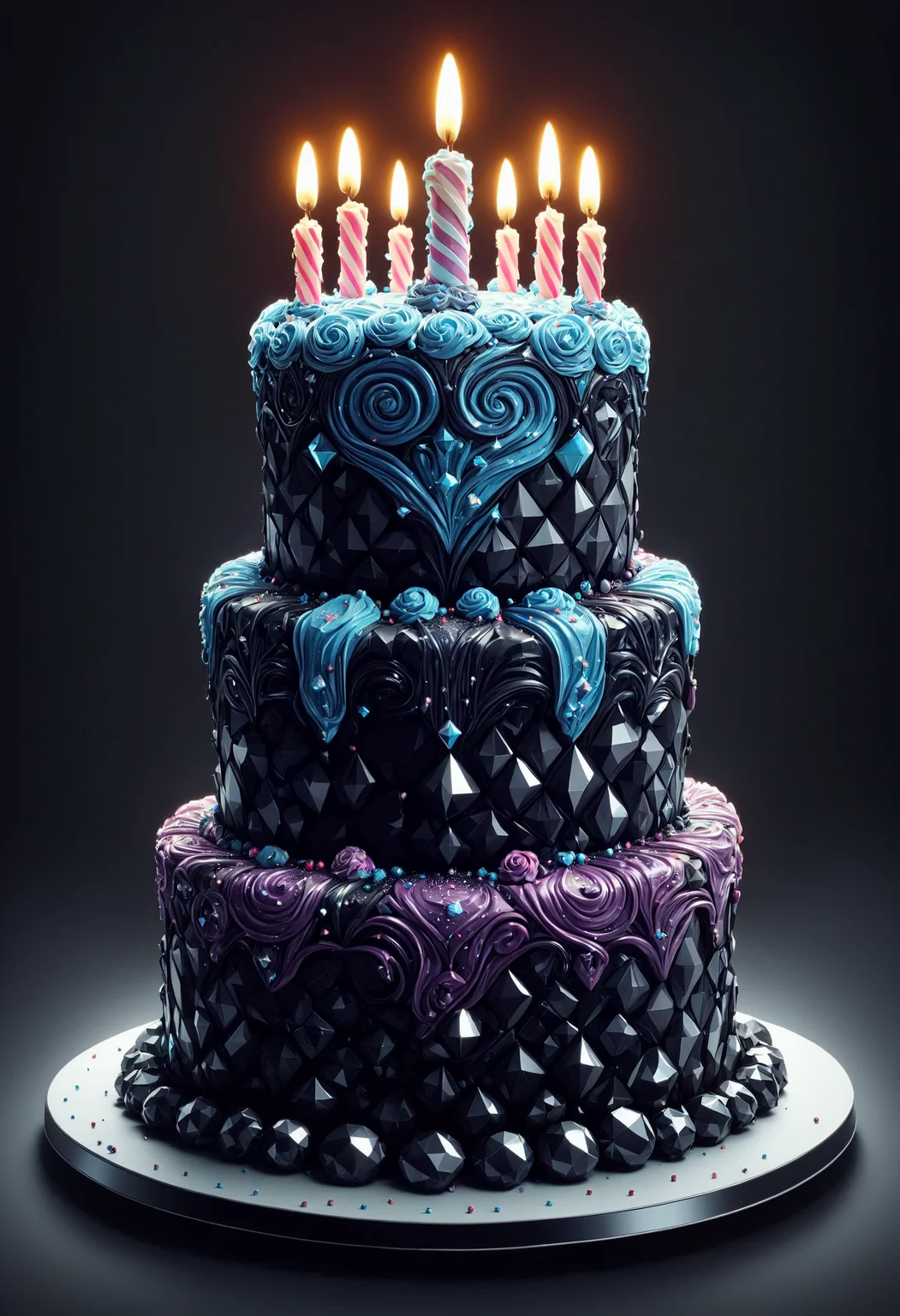 a colorful birthday cake, amazing details, highly detailed, highest quality, perfect composition, great composition, beautiful detailed, supreme quality color intricate, best, elaborate, made out of black diamonds, <lora:PinkieBlckDmndsSDXL-v1:1>, p1nkblackd1am0nds,