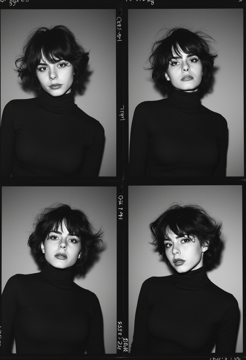 contact sheet with 4 images of a 20-year-old woman with a messy short bob cut wearing a black turtleneck