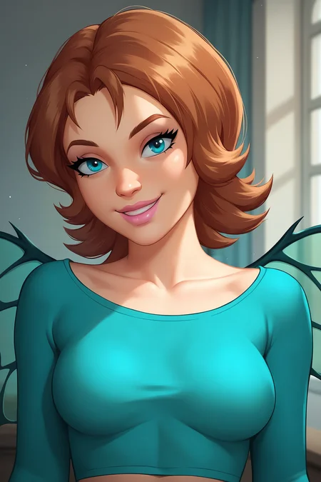 score_9, score_8_up, score_7_up, score_6_up, BREAK, IrmaLairWITCHXL, pink lips, blue eyes, brown hair, short hair, medium breasts, wings, aqua crop top, long sleeves, solo, front view, (portrait, upper body), solo focus, seductive smile, looking at viewer, indoors <lora:IrmaLairWITCHXL:1>