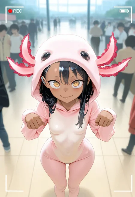 masterpiece, best quality, very aesthetic, absurdres, Detailed face, 8k, Ultra_HD, (detailed background:1.1), 1=2, face closeup, from above, zoom on face, rec, recording frame, photograph,
solo, 1girl, Hayase Nagatoro, petite, beautiful, perfect eyes, (golden eyes:1.1), dark skin, black hair, long hair, tanned skin, tanline, hourglass figure, animal costume, axolotl onesie, skindentation, skinny body, small breasts, short girl, cat eyes, jocking expression, wide eyes, in front of viewer, face close to the lens, pov, posing, original pose, complex pose, ghost pose, very flexible, wide hips, narrow waist, looking at viewer, puffy lips, detailed background, blurry background, comiket, crowded place,