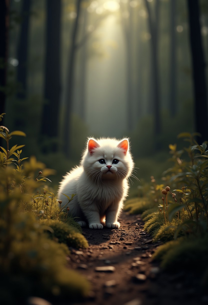 photorealistic,. a realistic human-like fluffy kitten, Illiminated title "My Flux Didn't Get Debited" in front him. surrounded dark forest. very detailed, amazing quality, intricate, cinematic light, highly detail, beautiful, cinematic lighting,, in the middle of small path between trees and rare plants, 3d cg, 8k