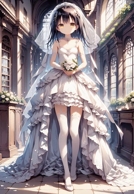 score_9, score_8_up, score_7_up, 1girl,FujisakaLP,high definition eyes, (masterpiece), (best quality), (ultra detailed),(disheveled hair),(illustration), (best shadow), detail1eye, A girl, dressed in a wedding dress, white wedding dress, full body drawing, slim, long legs