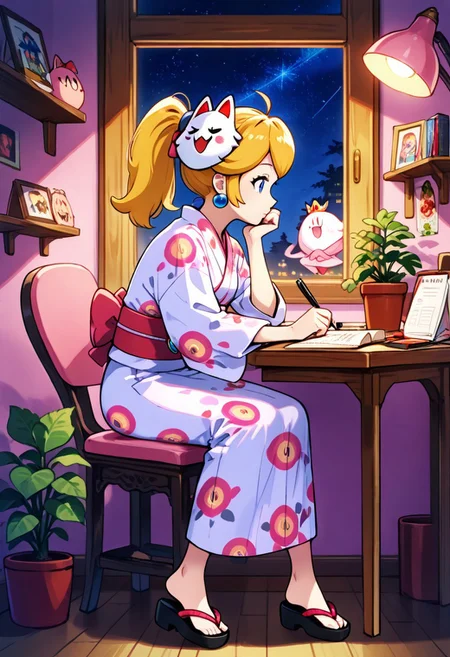 zzLofi, sitting, side view, desk, chair, book, bookshelf, head rest, holding, holding pen, lamp, night, open book, pen, plant, potted plant, sky, star (sky), starry sky, window, windowsill, writing, princess peach, long hair, blue eyes, alternate costume, IncrsPchYukata, long hair, ponytail, japanese clothes, yukata, mask on head, obi, sash, boo, sandals, earrings, jewelry, floral print