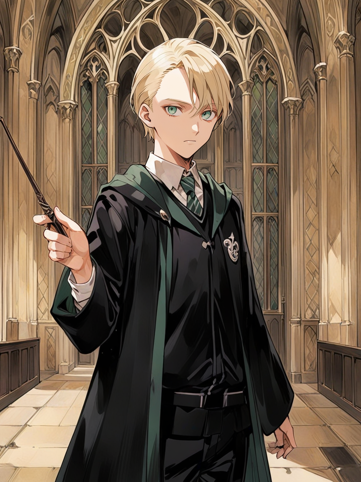 1boy, solo, draco malfoy, anime, slytherin uniform, blonde hair, wand <lora:harry_potter_v1:1.2> <lora:aesthetic_anime_v1s:1>