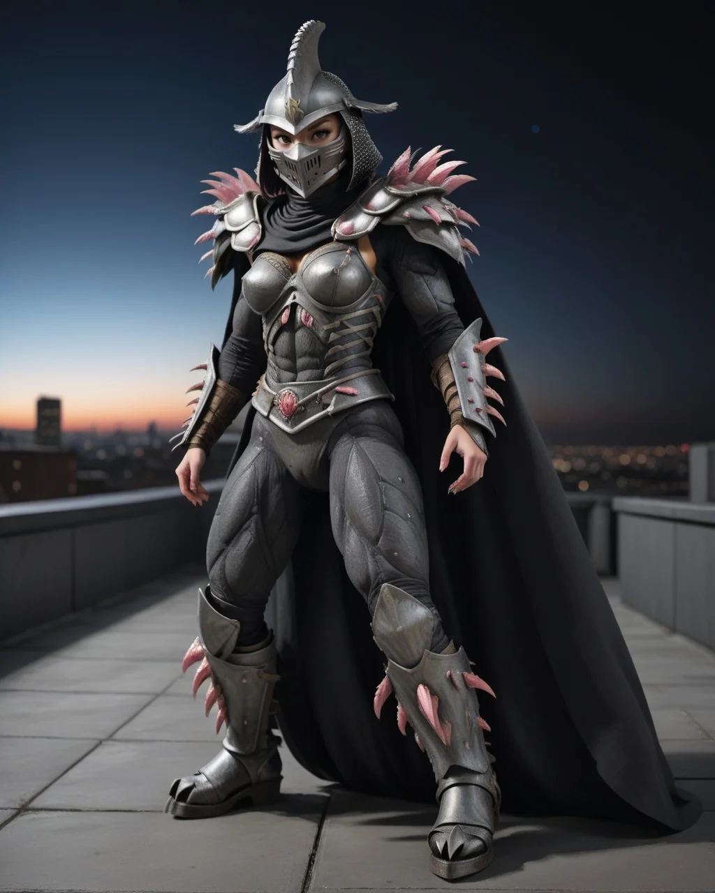 cinematic, (on a city rooftop, at night, bokeh, realistic lighting, ray tracing, bloom), ((full body shot)), ((as a female :1.8)), a highres RAW photo of a TMNTSuperShredder 1woman armored samurai knight, with serrated claw spike pauldrons and serrated claw gauntlets and serrated claw armored boots and serrated metal samurai helmet with mask, long black cape, <lora:TMNTSuperShredder_SDXL:0.5>, ((slender, athletic, slim, nude, naked, nsfw, soft breasts, natural breasts, showing pussy, pussy :1.8, vagina, beautiful pussy)), atmospheric, ((photorealism, photorealistic:1.4)), 8k, highly detailed, intricate detail