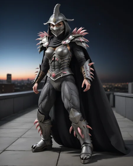 cinematic, (on a city rooftop, at night, bokeh, realistic lighting, ray tracing, bloom), ((full body shot)), ((as a female :1.8)), a highres RAW photo of a TMNTSuperShredder 1woman armored samurai knight, with serrated claw spike pauldrons and serrated claw gauntlets and serrated claw armored boots and serrated metal samurai helmet with mask, long black cape, <lora:TMNTSuperShredder_SDXL:0.5>, ((slender, athletic, slim, nude, naked, nsfw, soft breasts, natural breasts, showing pussy, pussy :1.8, vagina, beautiful pussy)), atmospheric, ((photorealism, photorealistic:1.4)), 8k, highly detailed, intricate detail