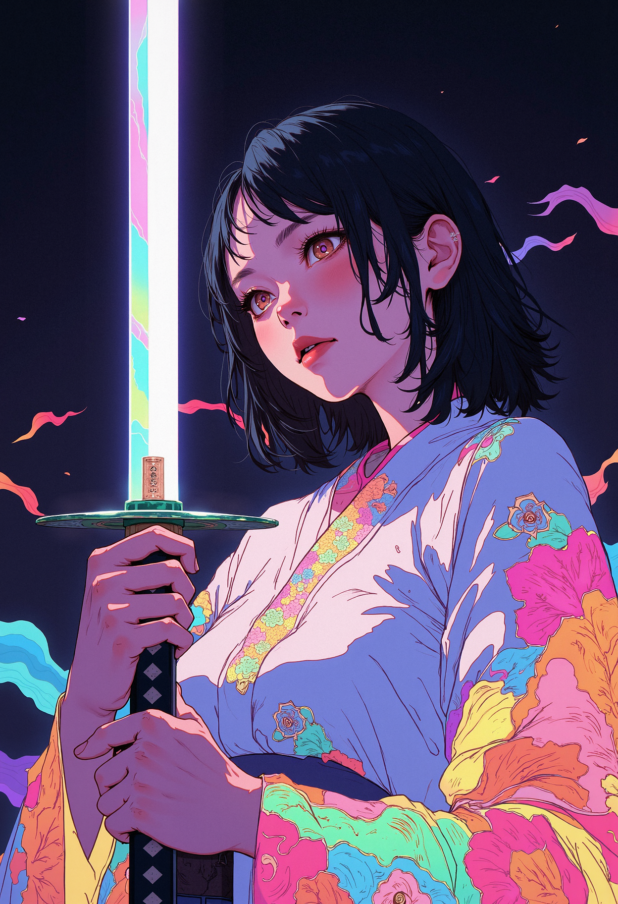 A woman with shoulder-length wavy black hair is shown from the torso up, holding a glowing katana in front of her. She is wearing a traditional kimono that is white with iridescent, vibrant floral patterns in shades of pink, orange, blue, and green. The katana has a glowing, rainbow-colored blade, with the hilt held firmly in both her hands. Her expression is calm, her gaze lowered. The kimono drapes softly over her form, and colorful, ethereal flowers seem to emerge from the fabric. The background is dark and minimal, which contrasts sharply with the vibrant light coming from the sword and the glowing floral patterns on her clothing. The lighting emphasizes the soft glow of the sword and flowers, creating a magical, serene atmosphere. The perspective is a close-up shot focusing on the upper half of her body, highlighting the intricate details of her kimono and the vibrant, colorful light effects.   <lora:CPA:0.93> <lora:anime_martzv2:0.53> anime_martz,  <lora:FLUX-daubrez-DB4RZ:0.33> DB4RZ, DB4RZ style painting,
