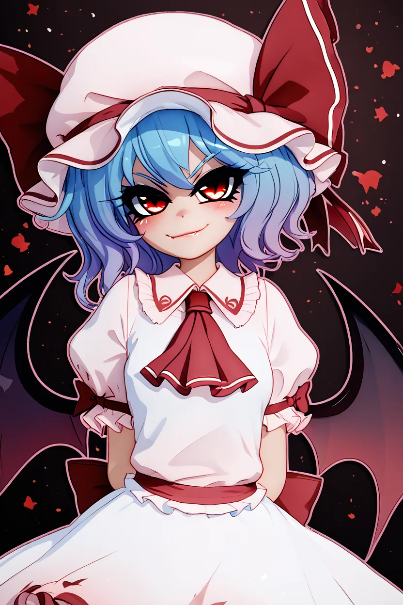 score_9, score_8_up, score_8, medium breasts, (curvy), cute, eyelashes, BREAK, , zzRemilia, red eyes, blue hair, short hair, hat, ribbon, pink dress, wings, ascot, hat ribbon, bat wings, short sleeves, frills, puffy sleeves, smile, smug, <lora:Remilia_Touhou_PDXL:0.8>, BREAK, smile, closed mouth, hands behind back, head tilt, looking at viewer, cowboy shot, ,,, embedding:zPDXL, Expressiveh, ,,, <lora:MantisStyle_PDXL_v2:0.8>, <lora:SDXLFaeTastic2400:0.5>, <lora:Expressive_H-000001:0.4>,