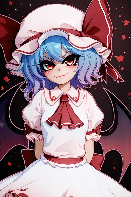 score_9, score_8_up, score_8, medium breasts, (curvy), cute, eyelashes, BREAK, , zzRemilia, red eyes, blue hair, short hair, hat, ribbon, pink dress, wings, ascot, hat ribbon, bat wings, short sleeves, frills, puffy sleeves, smile, smug, <lora:Remilia_Touhou_PDXL:0.8>, BREAK, smile, closed mouth, hands behind back, head tilt, looking at viewer, cowboy shot, ,,, embedding:zPDXL, Expressiveh, ,,, <lora:MantisStyle_PDXL_v2:0.8>, <lora:SDXLFaeTastic2400:0.5>, <lora:Expressive_H-000001:0.4>,