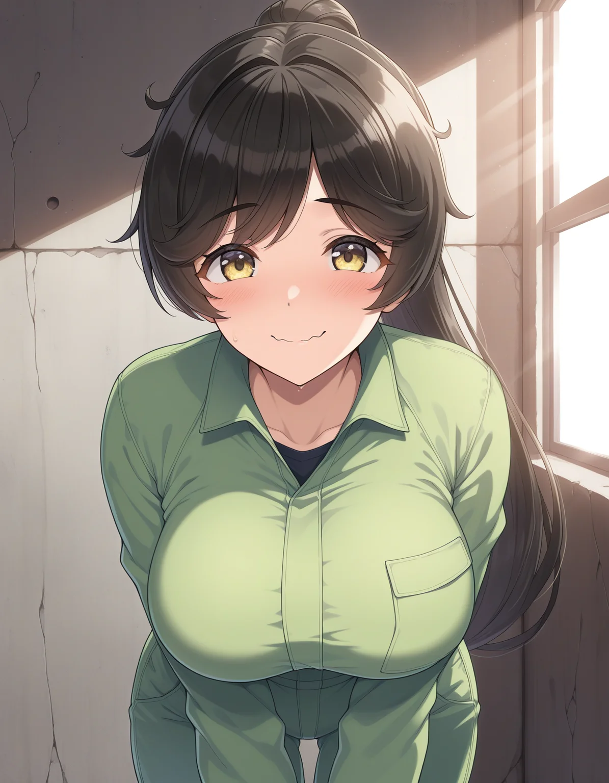 1girl, solo, yamaba yume, black hair, long ponytail, yellow eyes, smile, wavy mouth, large breasts, green jumpsuit, bent over, breasts between arms, straight on, front view, concrete wall, window, sunlight, masterpiece, best quality, very aesthetic <lora:yamaba_yume_illustrious_v1:0.8>