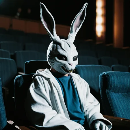 <lora:add-detail-xl:1>
<lora:detailed:0.3>
<lora:perfection style:0.3>
<lora:xl_more_art-full_v1:0.3>
<lora:Donnie Darko film style:1>
a rabbit in a costume standing in a theater,solo,looking at viewer,1boy,upper body,male focus,horns,teeth,no humans,couch,monster,antlers,white eyes,alien,horror (theme) , cinematic, film, Donnie Darko film style