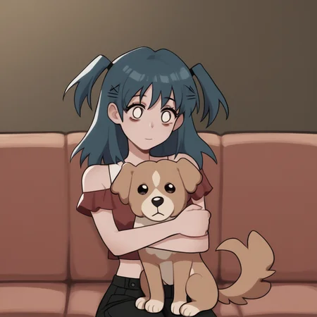 solo, score_6_up, Laceys_game, 1girl, two side up, hugging dog, sitting_in_couch, crop top, bare shoulders, <lora:Laceys_game:1>