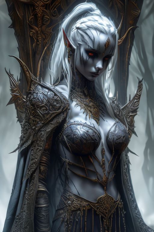 RAW photo, (masterpiece:1.3), subsurface scattering, heavy shadow, (high quality:1.4), (intricate, high detail:1.2), professional photography, HDR, High Dynamic Range, realistic, ultra realistic, photorealistic, high resolution, film photography, ambient lighting, atmospheric effects, <lora:detail_slider_v4:2>, OverallDetail, a female drow warlock, dark makeup, intricate leather armor with leaf patterns, jewelry, cape, tiara, large breasts, <lora:Drow:0.8>, epiCPhoto
