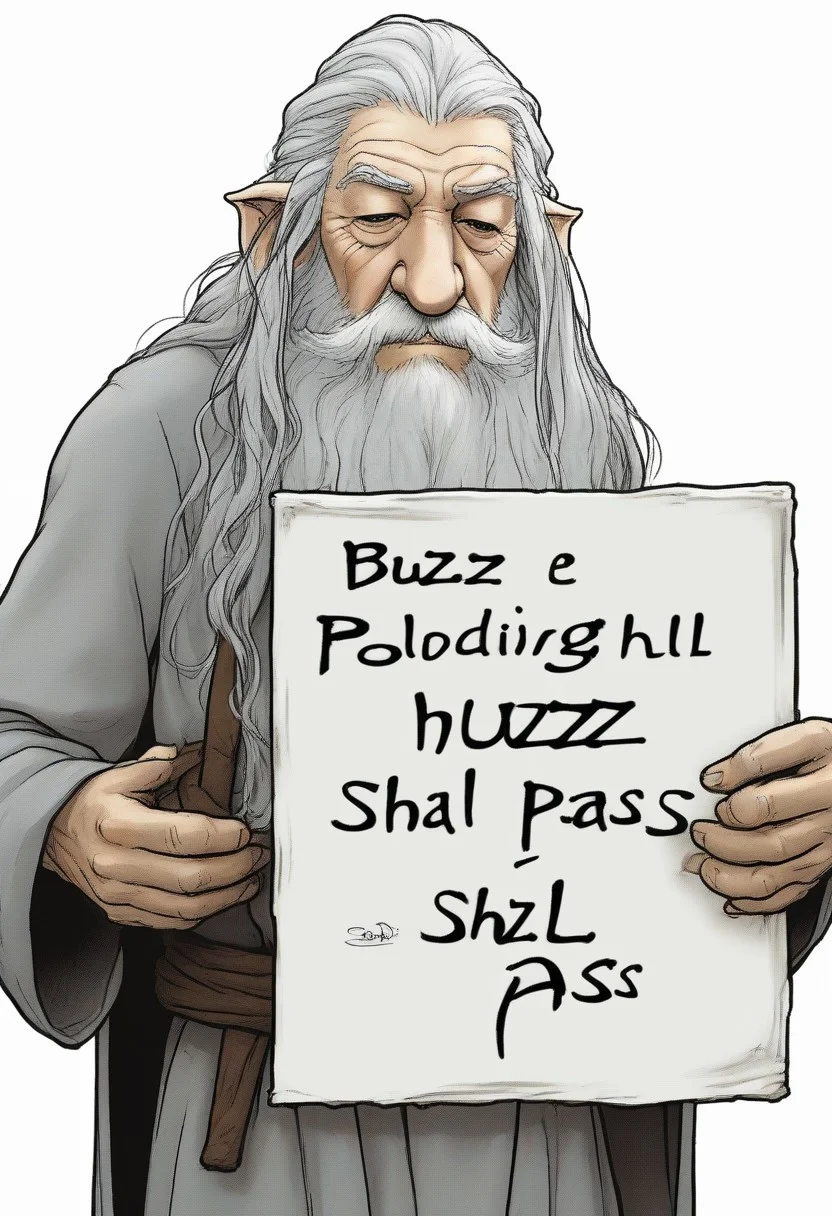 <lora:PE_HoldingSign:0.8> PEHoldingSign,
Gandalf holding a sign that says buzz shall pass, sad face