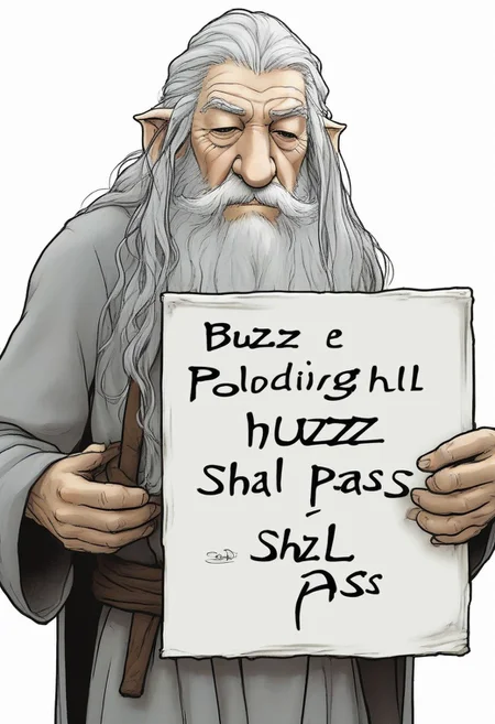 <lora:PE_HoldingSign:0.8> PEHoldingSign,
Gandalf holding a sign that says buzz shall pass, sad face