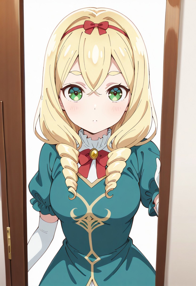 masterpiece, best quality, amazing quality,
(cowboy shots:1), white background, solo, looking at viewer, white background
roanna_fontaine, long_hair, blonde_hair, hairband, twin_drills, green_eyes, red_bow, green_dress, short_sleeves, puffy_sleeves, elbow_gloves, white_gloves