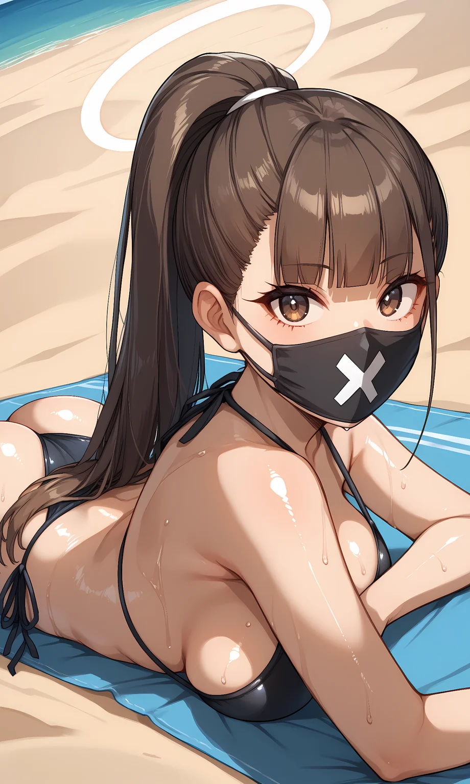 score_9, score_8_up, score_7_up, source_anime, 1girl, solo, outdoors, beacg, cowboy shot, looking at viewer, shiny skin, sukeban, brown eyes, brown hair, long hair, ponytail, blunt bangs, halo, mouth mask, bikini, cleavage, lying, sand, prone pose, on stomach, dutch angle, wet