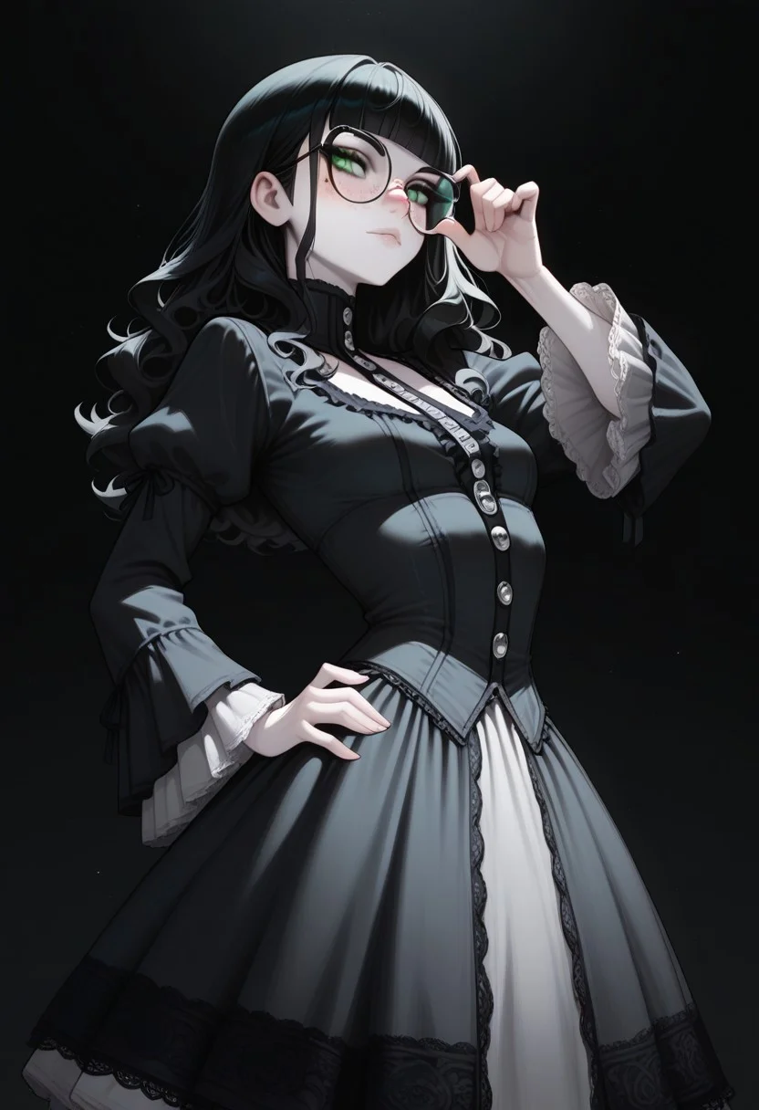 high_quality, highres, detailed, masterpiece, best quality, absurdres,Claudia, ClaudiaRH, long black hair, wavy hair, blunt bangs, green eyes, big squared eyeglasses, small breasts, slim, pale skin, freckles, wearing Jedgthd, gothic dress, black lace , high neck, long ruffled sleeves, silver buttons, black background,, model_pose_one_hand_on_hip,