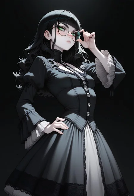high_quality, highres, detailed, masterpiece, best quality, absurdres,Claudia, ClaudiaRH, long black hair, wavy hair, blunt bangs, green eyes, big squared eyeglasses, small breasts, slim, pale skin, freckles, wearing Jedgthd, gothic dress, black lace , high neck, long ruffled sleeves, silver buttons, black background,, model_pose_one_hand_on_hip,