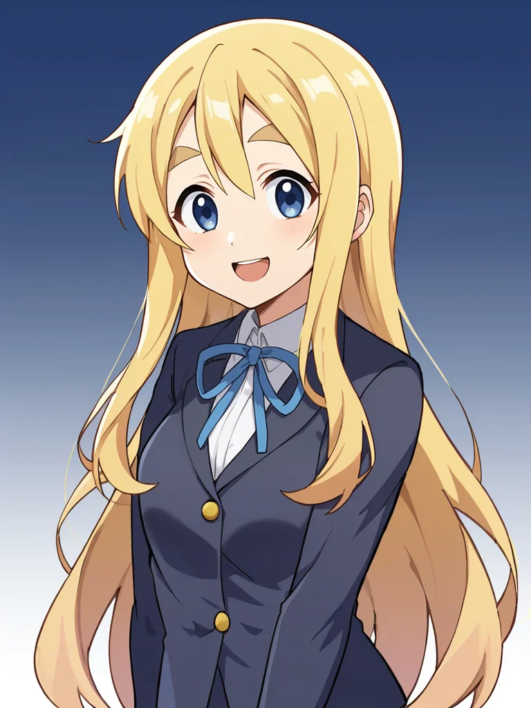 score_9, source_anime,
1girl, kotobuki tsumugi,
standing, upper body,
navy blazer, blue ribbon,
long hair, blue eyes, blonde hair, thick eyebrows,
looking at viewer, smile, open mouth
gradient background,
<lora:tsu2 ponyDiffusionV6XL_v6StartWithThisOne 2x4 AdamW8bit__cosine__1709062098:1>