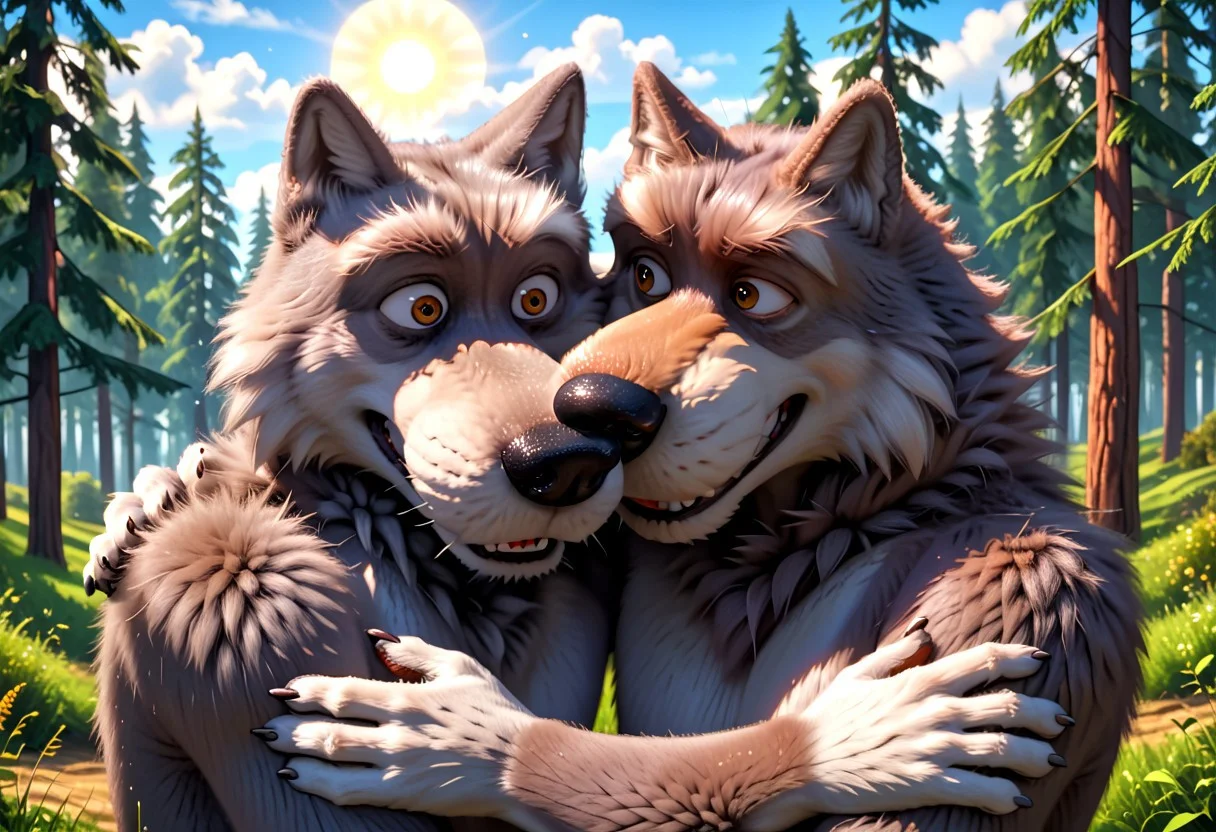 score_8, score_7, score_9_up, BodiPhantom, masterpiece, high quality, detailed, best quality, detailed background, detailed character, detailed character details, detailed face, detailed muzzle, dust, particles, practices, fluffy wool, fluffy fur, high quality, very high rendering, smooth lines, 4k, 8k, 16k, huge resolution, a lot of details, detailed fur, high budget, cinemascope, epic, gorgeous, film grain, grainy, high quality, detailed, high resolution, high quality, high resolution, furry character, 3DMM, 2boys, 2 boys,
first character: "bybodird008, cartoon_style, source_cartoon, gray wolf, wolf, fluffy wolf, shaggy, (hybrid), boy, furry, furry_male, anthro, stupid wolf1, (He's taller and thicker, and his eyes are wide open, which adds to his innocence)";
second character: "bybodird008, cartoon_style, source_cartoon, gray wolf, wolf, fluffy wolf, shaggy, (hybrid), boy, furry, furry_male, anthro, cunning wolf2, (He is thin, with a large head and narrowed eyes), thin, skinny";
BREAK
source_furry, adult, anthro, (((muscular))), 2 wolf,
two wolves, two detailed characters, hugging, gay,
realistic, different wolves, different faces, detailed face, gray wolfs,
in the forest, trees, sun, meadow, clouds, detailed eyes, detailed fur, detailed anatomy, detailed every character
