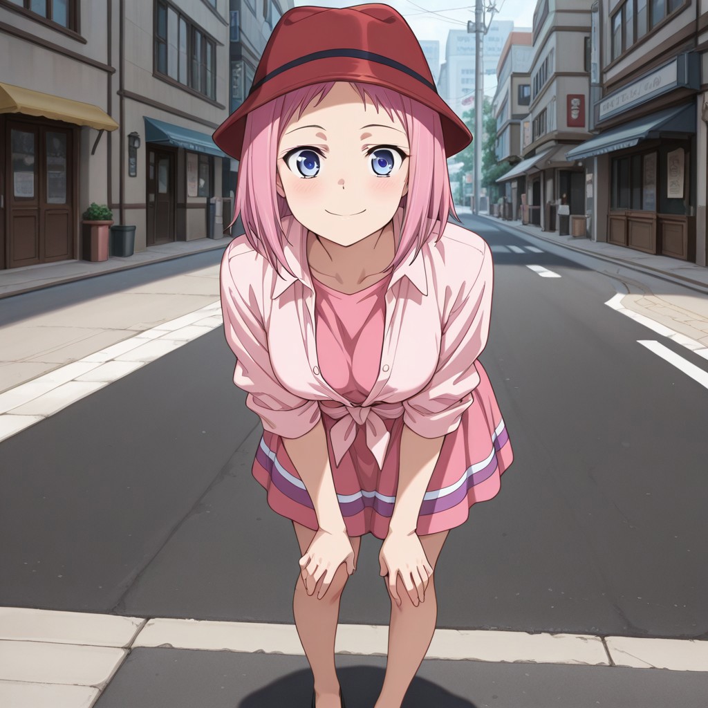 masterpiece , amazing , best quality , ultra detailed , 8k , high resolution , 1girl , solo , Kazumi_Schlierenzauer, medium breasts , streets , leaning forward , cheerful , looking at viewer , pink dress, pink tied shirt, full body shot, standing, red hat, cute face, smile