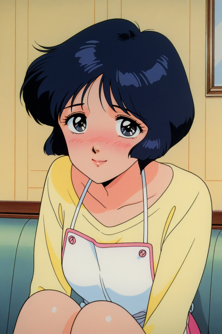 masterpiece, best quality, source_anime,official art,perfect_anatomy,1990s_\(style\),retro_artstyle,1female,mm,Momoko Hanazono,black_eyes,black_hair,short_hair,yellow_shirt,white_apron,looking at viewer,shy,blush,smile,lips,sitting,from side,face to face,close to viewer,indoors,livingroom
