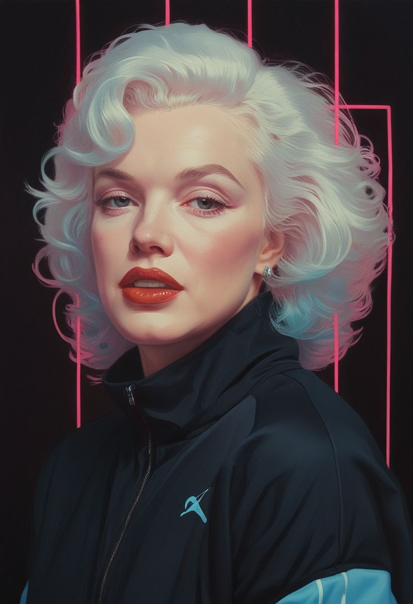 closeup portrait of Marylin Monroe wearing a 1980s style tracksuit in front of a black background with 1980s style neon lines in pale blue and pale pink in the background, highly detailed, evocative, high contrast