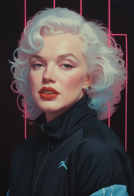 closeup portrait of Marylin Monroe wearing a 1980s style tracksuit in front of a black background with 1980s style neon lines in pale blue and pale pink in the background, highly detailed, evocative, high contrast