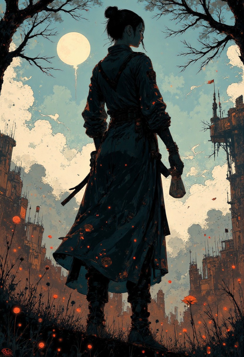 Picture a wraith-like maiden, her form scarcely more substantial than the chill October breeze that rustles the withered leaves carpeting the blood-drenched battlefield. Grasped in her spectral fingers, a longsword of antique provenance, its blade marred by numerous nicks and chips accumulated over decades of service. The weapon pulses with an eldritch aura, casting eerie reflections across the pallid planes of her cadaverous cheeks.
Fixated directly ahead, her piercing gaze transfixes an invisible foe, boring holes into the very essence of her target. Flames leap and dance in the hollow recesses of her ocular cavities, twin hellfires fueled by righteous wrath and vengeful ire. Tendrils of ectoplasmic mist curl around her wrists, binding the tattered remnants of a once-proud suit of plate mail to her emaciated forearms.
Behind her, the chaotic jumble of the battlefield comes into focus, a churning sea of violence and death. Prostrate forms clad in motley liveries stretch out across the frostbitten earth, some still twitching spasmodically in the final throes of agony.
art by Aaron Horkey,
animals, comics, creatures, etching, fantasy, graphic-novel, illustration, organic, pen-and-ink,
beautiful, painterly, detailed, textural, artistic, aesthetic, intricate details, highly detailed, vivid, vibrant, 
EtherealGlow, glowing, ethereal