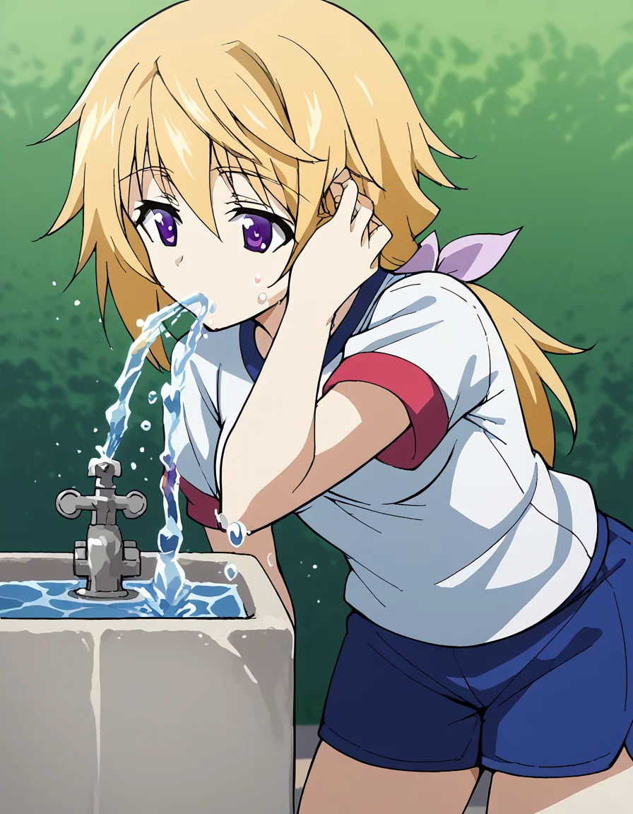 score_9, score_8_up, score_7_up, source_anime, <lora:charlotte-dunois-s2-ponyxl-lora-nochekaiser:1>, charlotte dunois, long hair, blonde hair, ribbon, purple eyes, ponytail, hair ribbon, medium breasts,, <lora:drinking-fountain-ponyxl-lora-nochekaiser:1>, drinking fountain, faucet, drinking, fountain, water, water drop,, gym uniform, gym shirt, gym shorts, bent, leaning forward, <lora:tucking-hair-ponyxl-lora-nochekaiser:1>, tucking hair, adjusting hair, hand on own hair, hair behind ear,, cowboy shot,