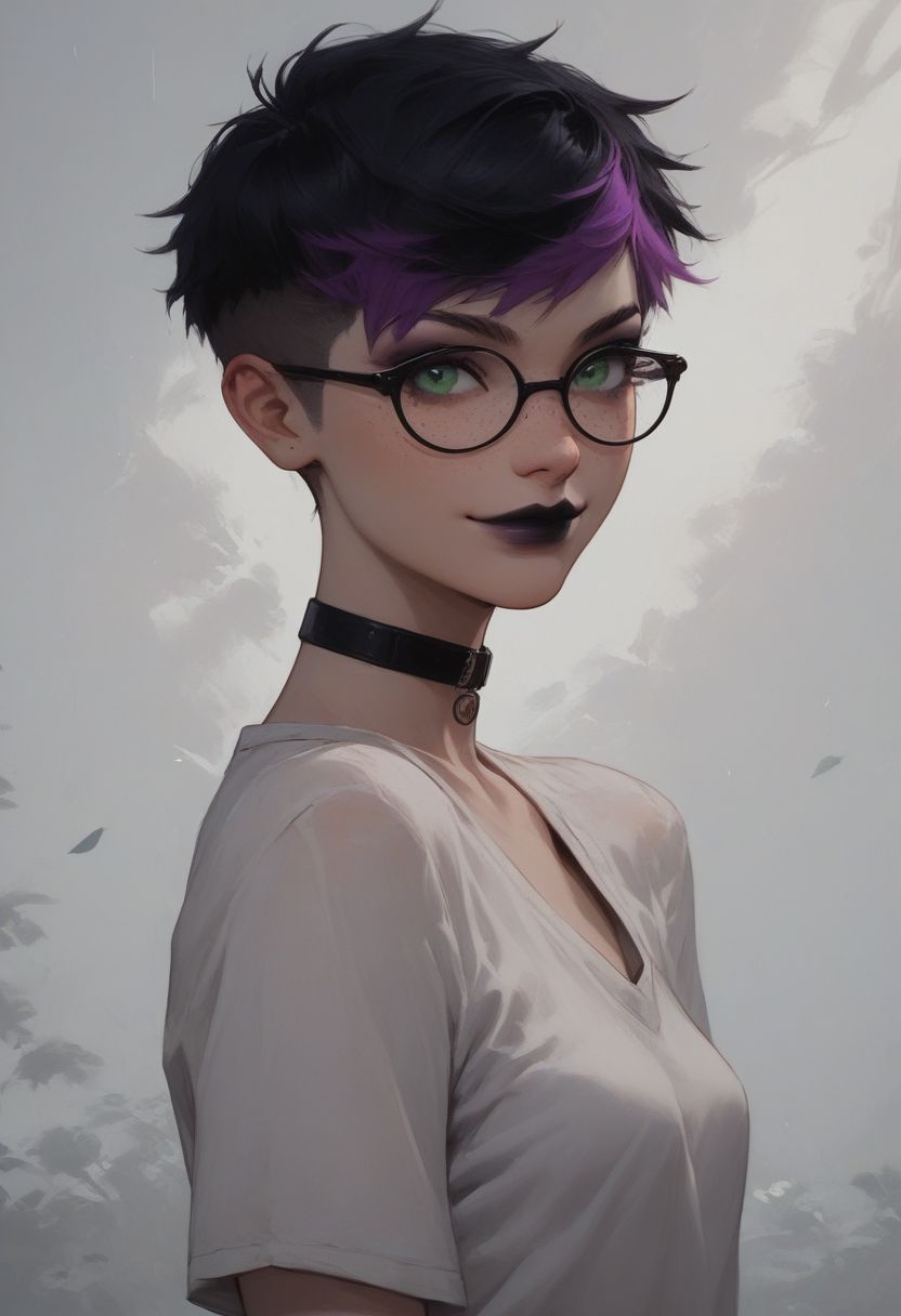(Realistic Lighting:1.0), score_9, score_8_up, score_7_up, score_6_up, score_5_up, score_4_up score_9,score_8_up,
masterpiece, 1girl, sexy 18 year old tomboy, perfect body, fair skin, green eyes, cute face, freckles, small breasts, long legs, full body shot, in park,
choker, black lipstick, purple eyeshadow, eyeliner, mascara, firm butt, round ass, smile, black hair, glasses
two-tone hair, purple IncursioDipDyedHair, pixie cut purple hair
1girl, solo, looking at viewer, green eyes, closed mouth, lips, wind, portrait, nose, shirt pulled up over breasts, breasts exposed,