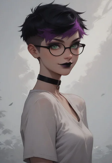 (Realistic Lighting:1.0), score_9, score_8_up, score_7_up, score_6_up, score_5_up, score_4_up score_9,score_8_up,
masterpiece, 1girl, sexy 18 year old tomboy, perfect body, fair skin, green eyes, cute face, freckles, small breasts, long legs, full body shot, in park,
choker, black lipstick, purple eyeshadow, eyeliner, mascara, firm butt, round ass, smile, black hair, glasses
two-tone hair, purple IncursioDipDyedHair, pixie cut purple hair
1girl, solo, looking at viewer, green eyes, closed mouth, lips, wind, portrait, nose, shirt pulled up over breasts, breasts exposed,