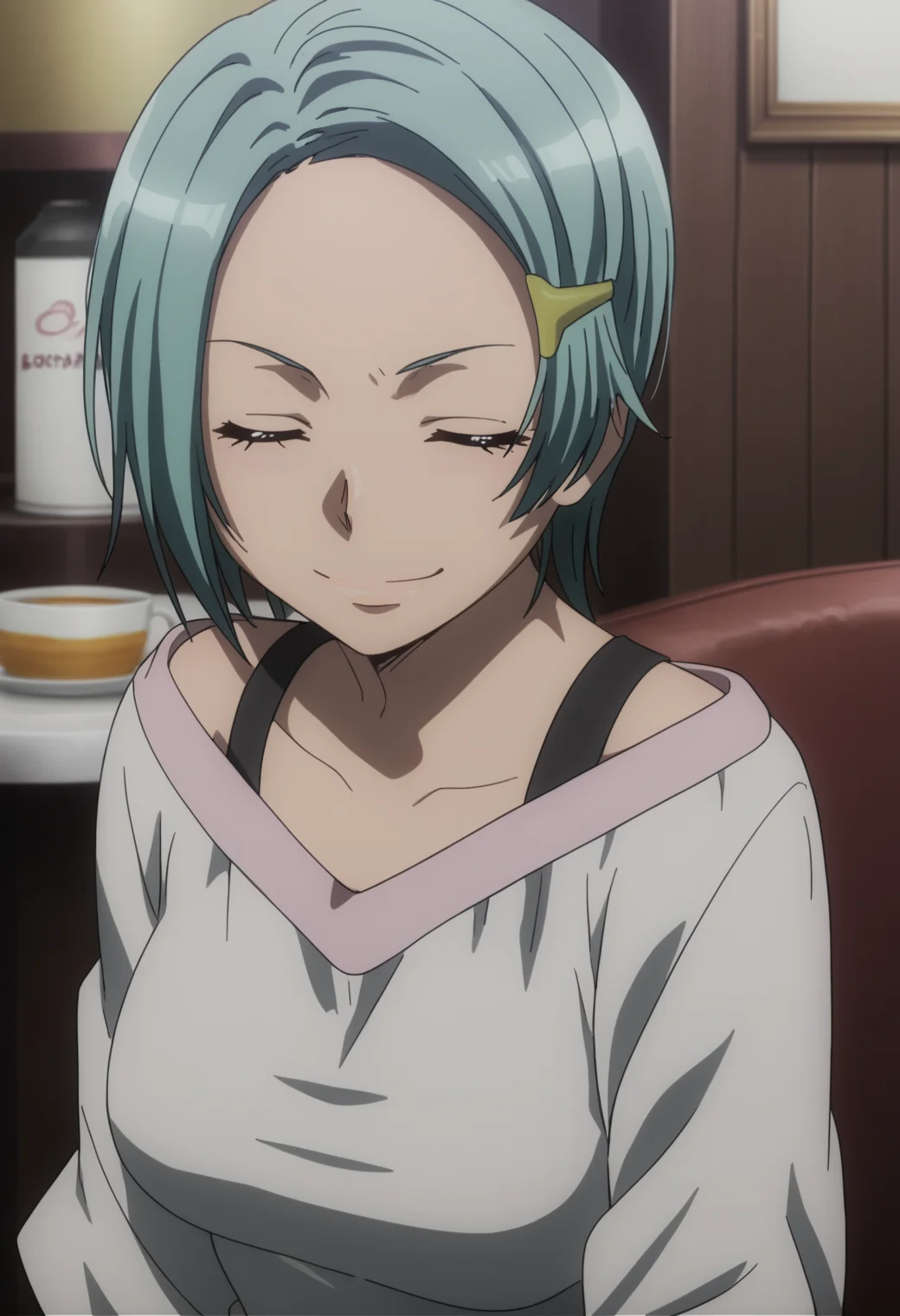 score_9, score_8_up, score_7_up, source_anime, BREAK 1girl, solo,  <lora:DX888Hitomi:1> karuko hitomi, short hair, hairclip, blue hair, dress, off shoulder, closed eyes,  at a cafe, angry, v-shaped eyes, evil smile , malice, wrapped smile, shaded face, closed mouth,resentful,