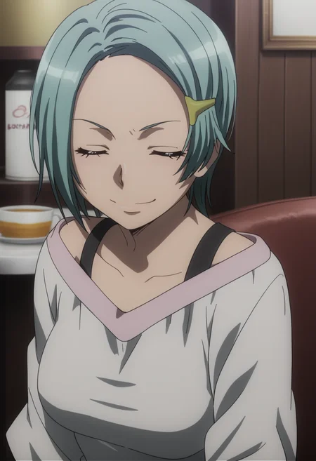 score_9, score_8_up, score_7_up, source_anime, BREAK 1girl, solo,  <lora:DX888Hitomi:1> karuko hitomi, short hair, hairclip, blue hair, dress, off shoulder, closed eyes,  at a cafe, angry, v-shaped eyes, evil smile , malice, wrapped smile, shaded face, closed mouth,resentful,
